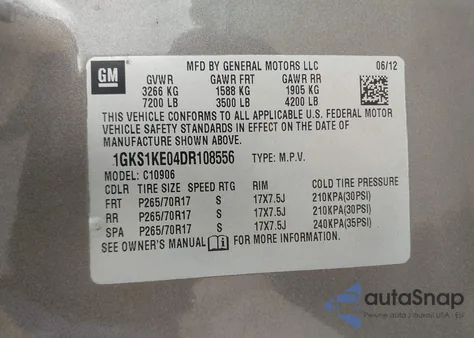 2013 GMC Yukon Xl 1500 Slt из США, поврежденный, VIN 1GKS1KE04DR108556